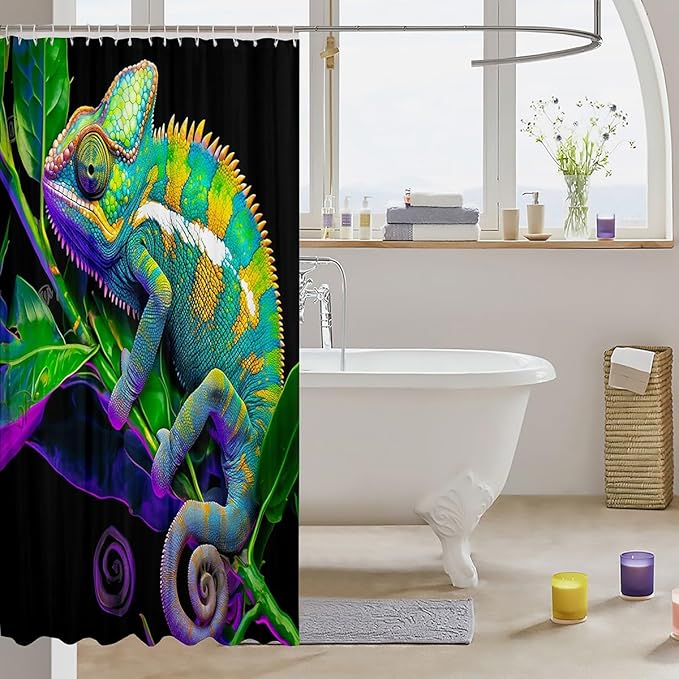 Colorful Chameleon Shower Curtain for Stalls Bathtubs Lizard Leaves Bathroom Shower Curtain Set Decorative Tropical Animal Bath Curtain Wildlife Style Decor Waterproof Bathroom Curtains 72x78 Inch