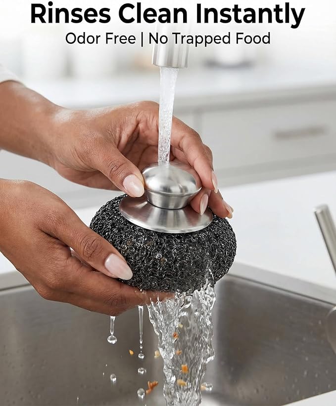 5 Pack Stainless Steel Wool Scrubber Set - Heavy Duty Metal Sponge Scouring Pad for Cast Iron Skillet,Grill,Pots,Cookware,Dish - Include Short & Long Handle & 3 Pads Protects Hands & Nails