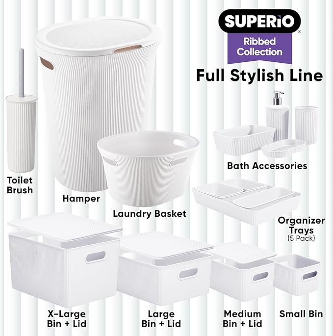 Decorative Plastic Toilet Bowl Brush and Holder Set, White (2 Pack) Cleaner Scrubber for Bathroom - Ribbed Design