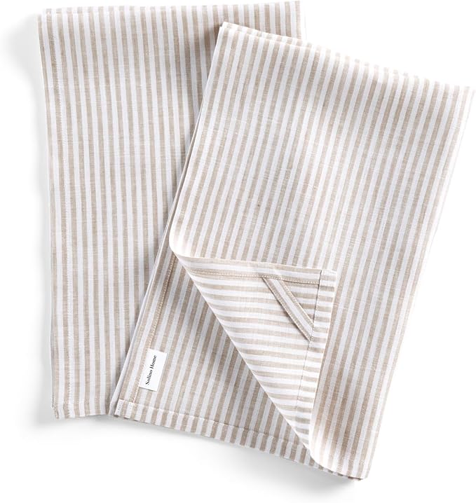 Solino Home Natural and White Linen Kitchen Towels Set of 2-100% Pure Linen 17 x 26 Inch Narrow Stripe Tea Towels with Hanging Loop - European Flax Kitchen Dish Cloth - Quick Dry & Machine Washable