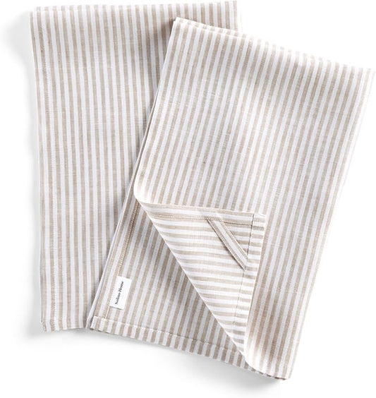 Solino Home Natural and White Linen Kitchen Towels Set of 2-100% Pure Linen 17 x 26 Inch Narrow Stripe Tea Towels with Hanging Loop - European Flax Kitchen Dish Cloth - Quick Dry & Machine Washable