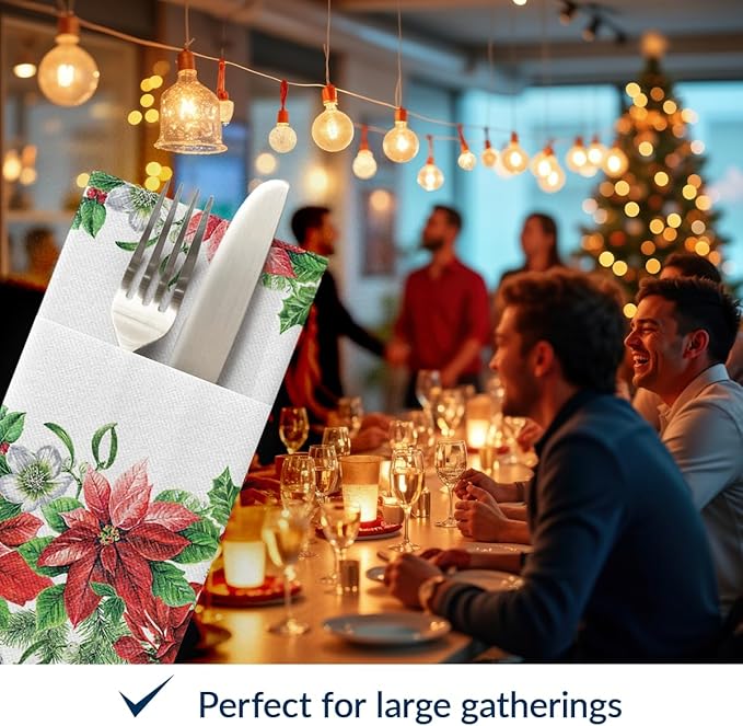 PAW - Christmas Linen Feel Napkins with Built-in Flatware Pocket, Absorbent Pre-Folded Dinner Napkins with Poinsettia, Guest Towels for Xmas Dinner, Wedding, Winter Holiday, Decorative Towel, 50 Count