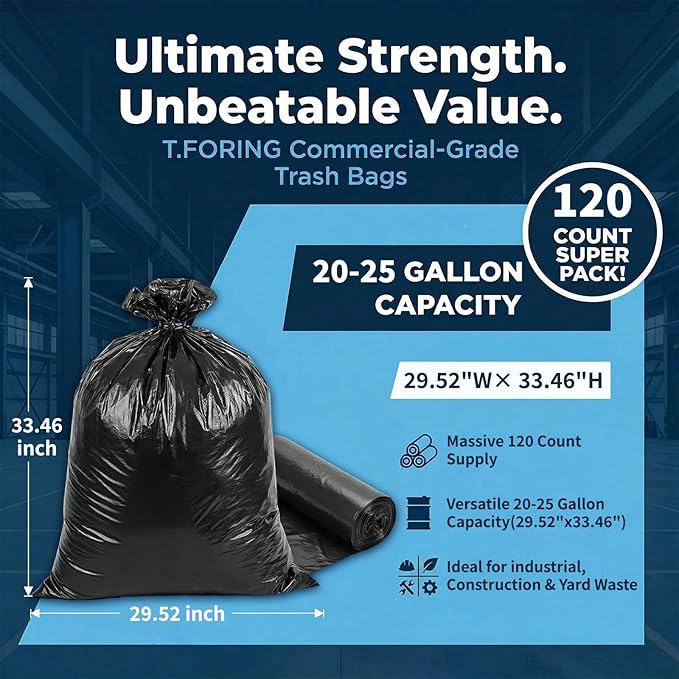 Black Trash Bags 20-25 Gallon 120 Count - 30" x 33" Large Kitchen Garbage Bags, 20+ Gallon Trash Can Liners Unscented, Multipurpose for Home, Office, Daily Household Use