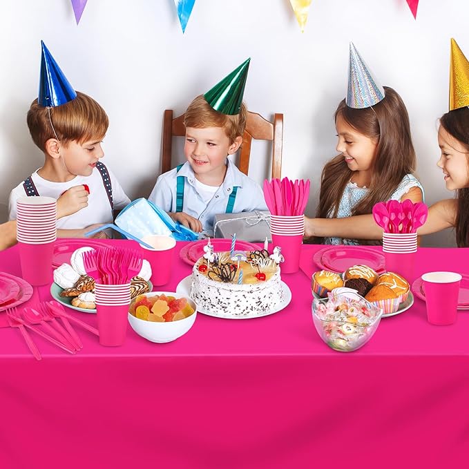 Kochorie 169 Pieces Hot Pink Party Supplies Disposable Dinnerware Set Include Plates and Cups Napkins Plastic Forks Knives Spoons Tablecloth for Wedding Birthday Party Decorations, Serve 24 Guests