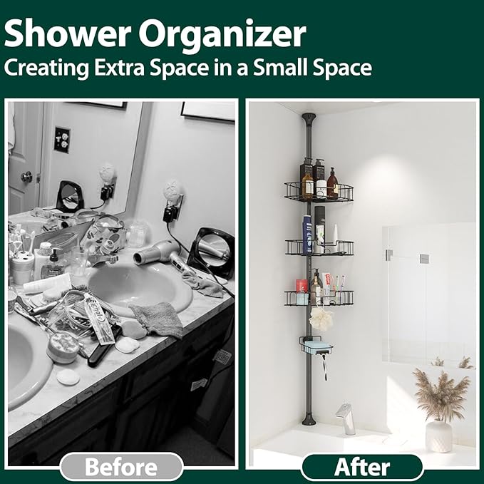 Shower Organizer, 39 to 125 Inch Height Adjustable Shower Caddy with 4 Adjustable Shelves, Organization And Storage for Bathroom Corner Shelves Rack Countertop with Tension Pole, Home Decor