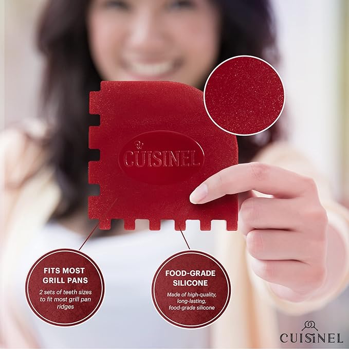 Cuisinel Cast Iron Scrubber Cleaning Brush + Pan/Grill Scraper - Skillet and Grill Cleaner Kit - Soft-Touch Confident-Grip Dish Scrub Tool - Tough on Grease, Gentle on Metal and Non-Stick Cookware