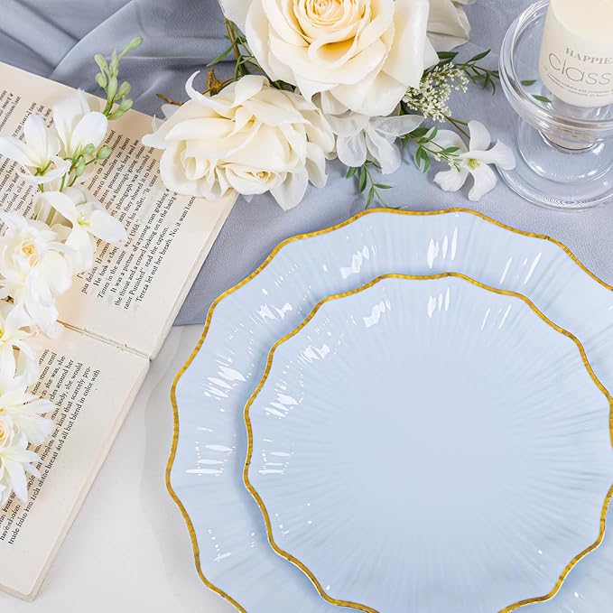 U-QE 150PCS Blue and Gold Plastic Plates with Gold Disposable Silverware for 30 Guests, Vintage Blue Plastic Plates Include 30 Dinner Plate,30 Dessert Plate,90 Cutlery for Bridal Shower, Party