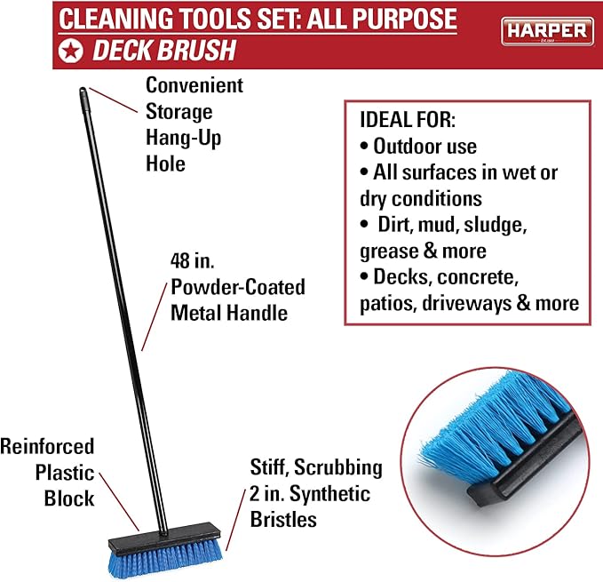 Harper 37518700 All-Purpose Scrubbing & Squeegee Brush Set with 10 in. Wash Brush with Flow-Through Handle, 24 in. Floor Squeegee, 10 in. Deck Brush and 8 in. Handheld Scrub Brush