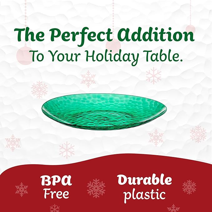 PLASTICPRO 30 Pack Hammered Plastic Plates Heavyweight Disposable Plastic Plates Elegant Transparent Green Platsic Party Dishes (Hammered green Christmass, 9'' INCH PLATES)