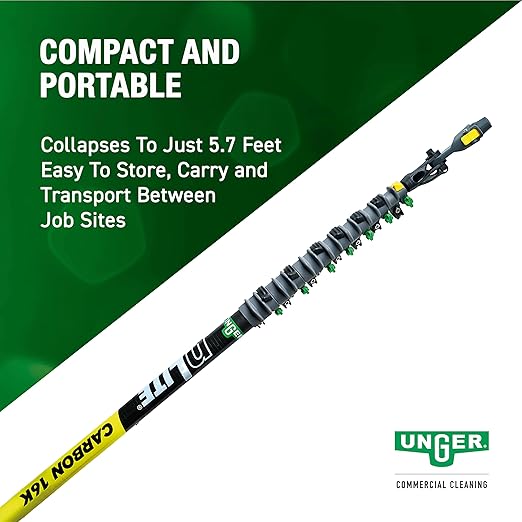 Unger Commercial Window Cleaner Waterfed Pole Kit - nLITE Carbon 16K 33' Waterfed Pole Starter Set with Brush & Hose - C10BH