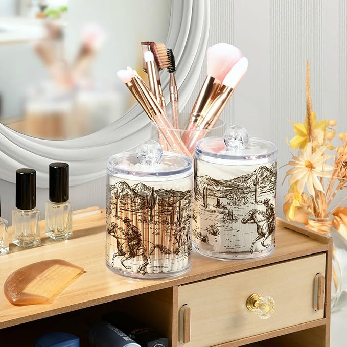 Blueangle 4 Pack Western Desert Cowboy Qtip Holder Dispenser for Cotton Ball, Cotton Swab - Plastic Apothecary Jar Set for Bathroom Canister Storage Organization