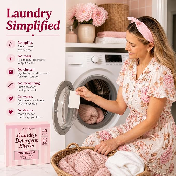 Glory Days Eco Laundry Detergent Sheets Miss Bloom Scent – Enzyme-Powered, Plastic-Free, Gentle on Skin – 40 Sheets 80 Loads HE Compatible