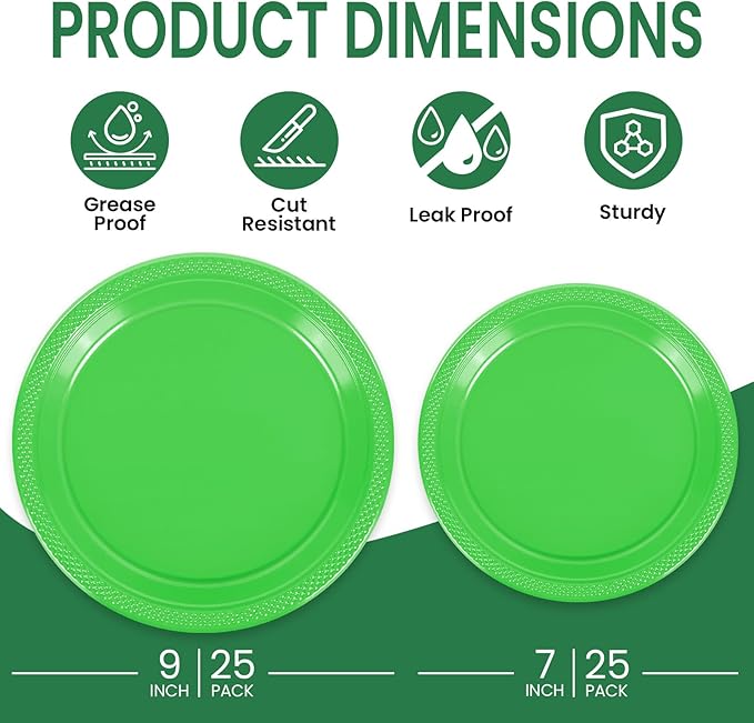 LANLISA 50 Pcs Lime Green Plastic Plates For Party, 25-9" & 25-7" Disposable Cake Dessert Plates For Birthday, Halloween, Summerween, Christmas Dinner