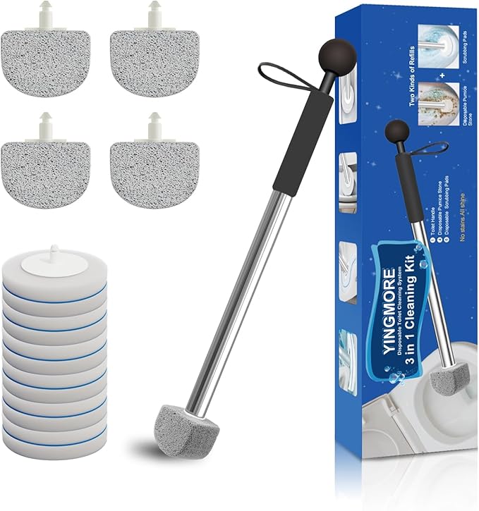 Toilet Pumice Stone with Handle, 16.14 Inch Pumice Stone Toilet Bowl Cleaner with 4 Pumice Stones ＆ 6 Sponge Toilet Cleaning Heads, Wall Mounted Toilet Cleaner Compact Toilet Bowl Brush Scrubber