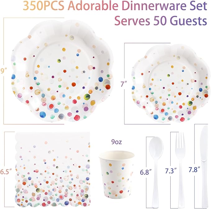 Colorful Birthday Plates and Napkins 350PCS Confetti Colorful Paper Plates Happy Birthday Disposable Tableware Set Serve 50 for Art Paint Party Supplies Bubble Decorations