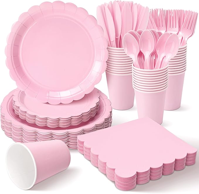 Vyntra 350 Pcs Pink Paper Plates and Napkins Set for 50, 9" Dinner Plates & 7" Dessert Plates, Tableware for Birthday Party, Mother's Day