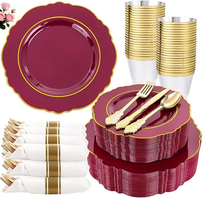 Liacere 350PCS Red Plastic Plates-Disposable Burgundy Red and Gold Plates 50guest Baroque Plastic Dinnerware include 100Plates, 50Pack Pre Rolled Napkins with Silverware 50Cups for Wedding&Mothers Day