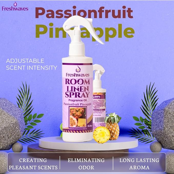 Freshwaves Room & Linen Spray | Passionfruit Pineapple Fragrance Oil | 8.8oz Air Freshener | Odor Eliminator | Room Spray for Living Room, Bedroom, Bathroom & Office | White Trigger Bottle