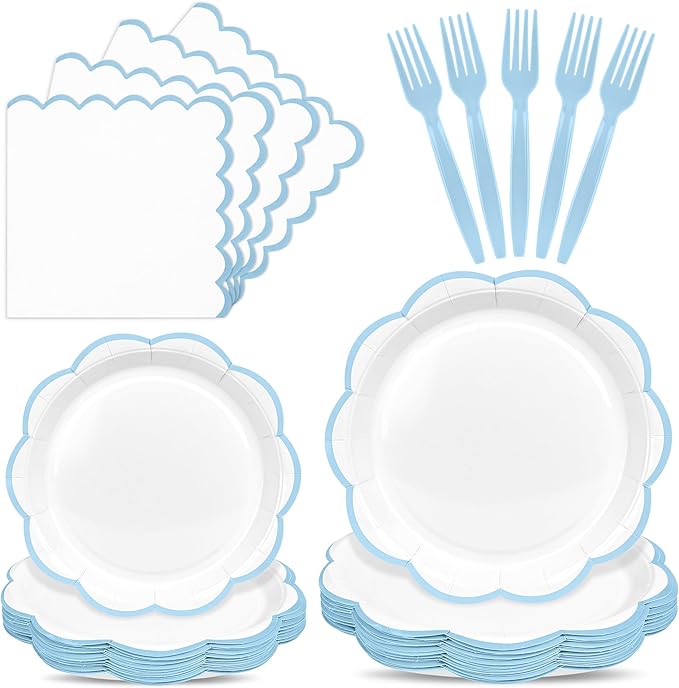96 Pcs Light Blue and White Paper Plates and Napkins Set, Tableware set for 24 Guest include White Dessert Plates with baby Blue Scalloped Edge, Napkins and Forks for Baby Boy Shower,Wedding