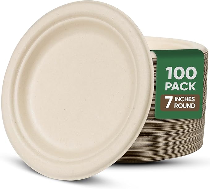 TaidMiao 7 Inch Paper Plates 100 Pack - 100% Compostable Disposable Plates, Heavy Duty Dessert Plates, Biodegradable Sugarcane Plates for Party (Microwavable, Oil/Water Proof, Eco-Friendly, Brown)