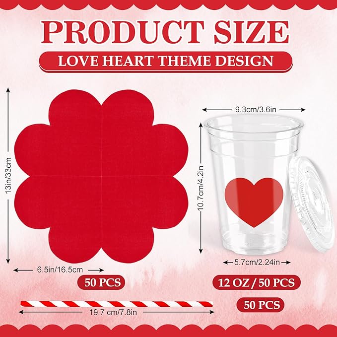 FYSUIMU Valentine' s Day Tableware Set Red Heart Shaped Paper Napkins 12Oz Disposable Plastic Cups with Lids and Straws for 50 Guests Wedding Anniversary Party Supplies Table Decor