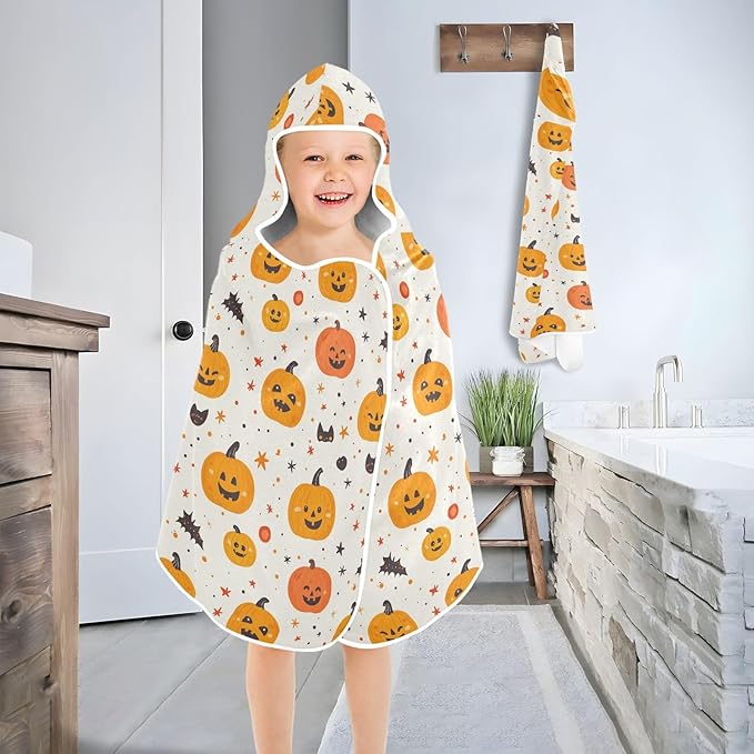 Kid Beach Towel Halloween Cartoon Pumpkins White Hooded Towels for Toddlers Lightweight Bath Towels with Hood