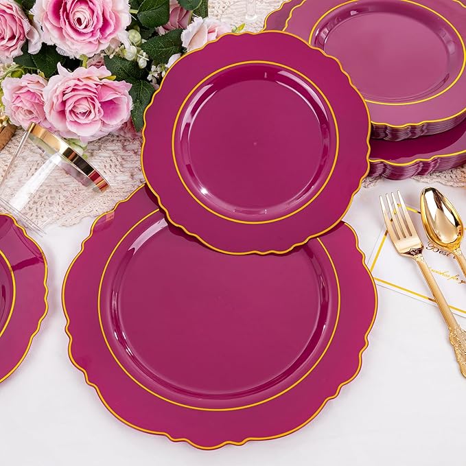 Liacere 350PCS Red Plastic Plates-Disposable Burgundy Red and Gold Plates 50guest Baroque Plastic Dinnerware include 100Plates, 50Pack Pre Rolled Napkins with Silverware 50Cups for Wedding&Mothers Day