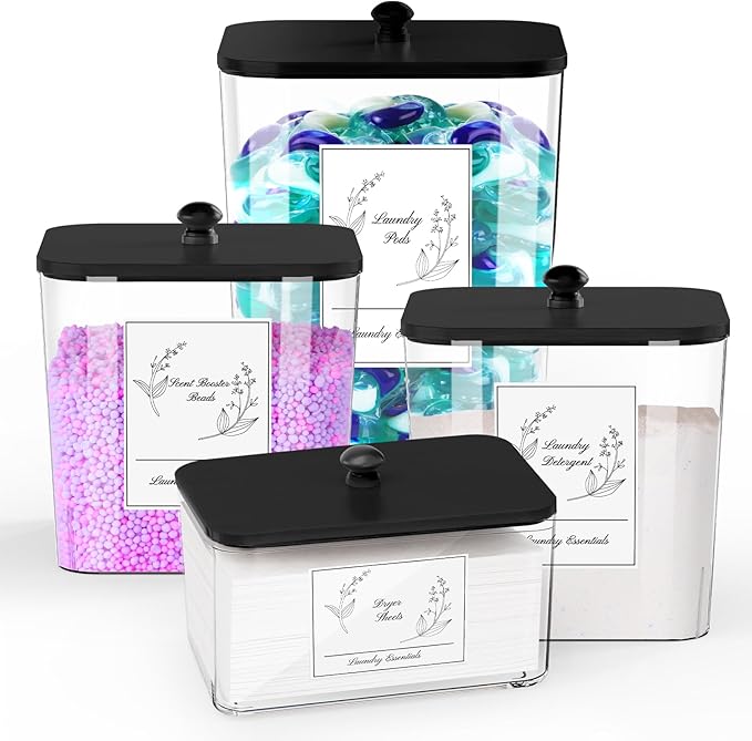 COAZEX 4 Pack Clear Laundry Pods Container & Dryer Sheet Holder, Plastic Square Laundry Room Organization and Storage Jars with Lids, Scoops & Labels for Detergent, Powder, Dryer Balls (Black Lid)