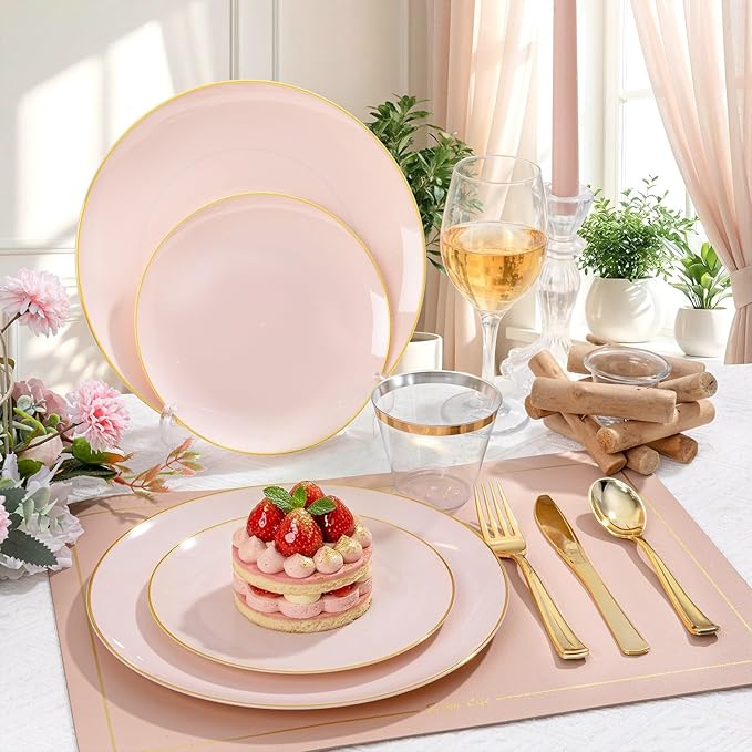 WDF 150Pcs Pink Plates Disposable - Pink and Gold Plastic Plates 25guest Disposable Dinnerware Include 25 Dinner Plate, 25 Dessert Plate, 25 Cutlery & 25 9oz Cups for Baby Shower/Wedding/Birthday