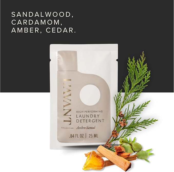 L'AVANT Collective Luxury Travel Laundry Detergent | Ambre Santal | Non-Toxic Concentrated Liquid Laundry Soap Packets | Plant-Based, HE Compatible, Travel Size, Gym, Camping & Rentals | Set of 5