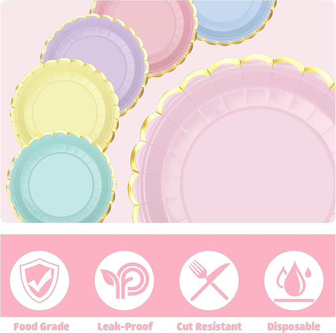 peony man 24 Pcs Pastel Scalloped Paper Plates Disposable Macaron Party Plates 9 Inch Gold Edge Colorful Dinner Plate Pastel Rainbow Dessert Plate for Wedding Birthday Baby Shower Party Supplies