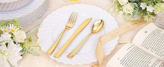 YOUBET 125PCS White Plastic Plates with Gold Rim, Gold Plates Disposable with Golden Silverware Include 25 Dinner Plate 25 Dessert Plate 25 Forks 25 Knives 25 Spoons For Wedding, Parties