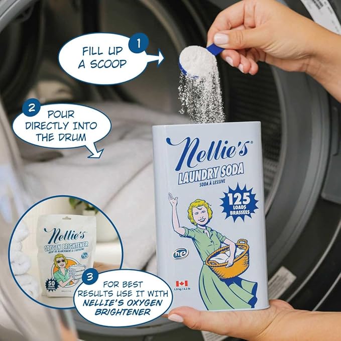 Nellie’s Laundry Soda 125 Load – Only on Amazon – Powder Detergent with 4 Ingredients – No Residue – Hot or Cold Water – HE & Septic Safe – Made in Canada