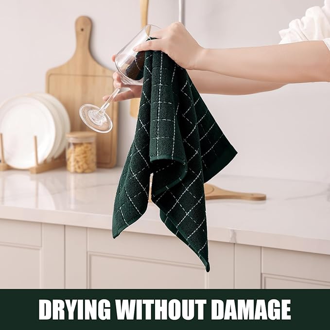 Homaxy 100% Cotton Terry Kitchen Towels(Blackish Green, 13 x 28 inches), Checkered Designed, Soft and Super Absorbent Dish Towels, 8 Pack