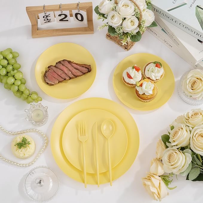 ejonirinjonir EI 150pcs Yellow Plastic Plates,Heavy Duty Bright Disposable Plate,Fancy Plastic Plates for Party,Yellow Dishes for Wedding,Easter,Afternoon Tea Party,Spring