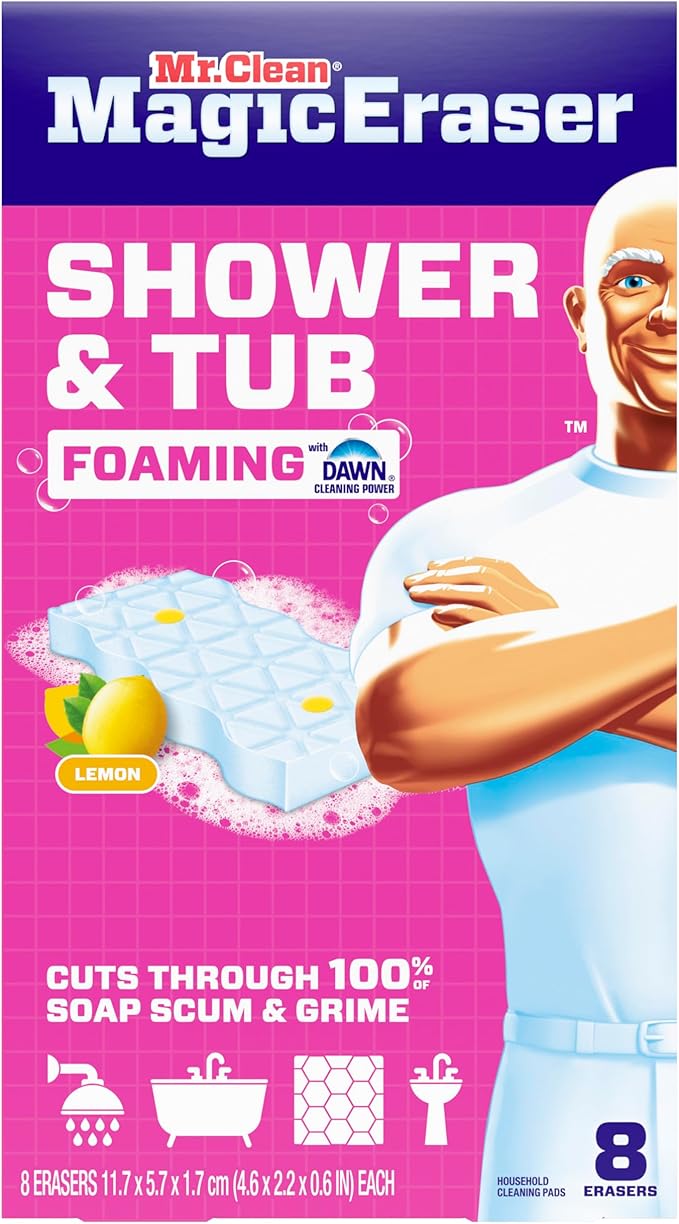 Mr. Clean Magic Eraser Sponge, Bathroom, Shower, Tub Cleaner, Soap Scum Remover, Bathroom Cleaning Supplies, Dawn Cleaning Power with Lemon Scent, Shower & Tub, 8ct (Pack of 4)