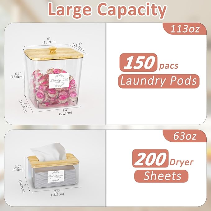 Vincona Laundry Room Organization and Storage, Laundry Pods Container and Dryer Sheet Holder with Bamboo Lids and Labels, Laundry Organizer with Scoops for Booster Beads, Powder, Pods, 3+1 Pack
