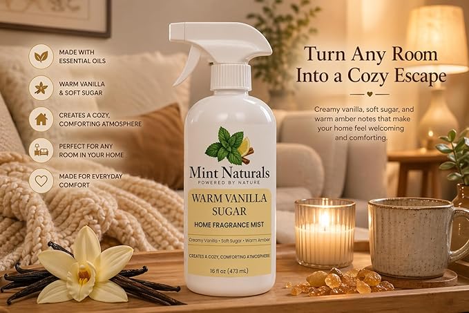 Natural Warm Vanilla Room Spray & Odor Eliminator – Cozy Vanilla Sugar Fragrance Mist That Helps Refresh Indoor Air, 16 oz – Made in USA by Mint Naturals