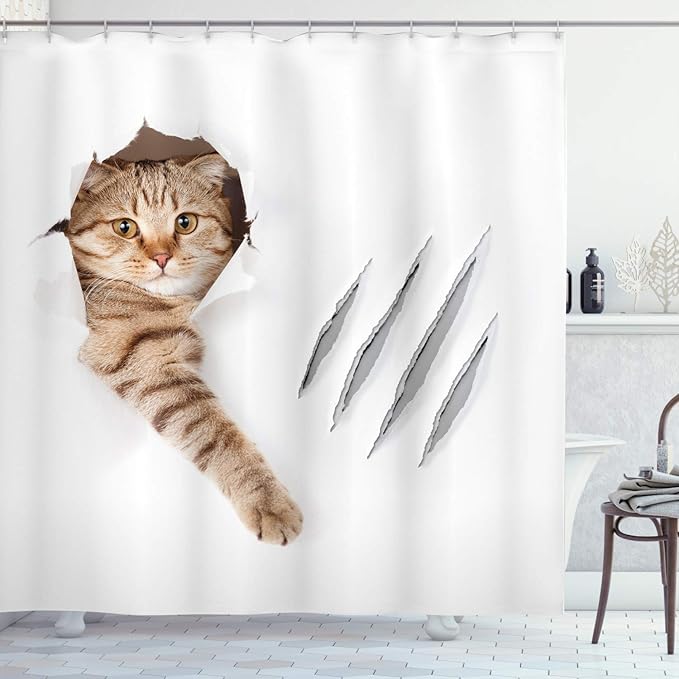 Ambesonne Animal Shower Curtain, Funny Cat in Hole with Claw Scratches Playful Kitten Pet Picture, Cloth Fabric Bathroom Decor Set with Hooks, 69" W x 70" L, White Brown
