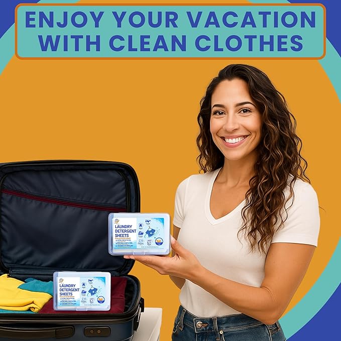 Travel Laundry Detergent Sheets Kit – 30-Count Laundry Detergent Sheets for Sink & Machine Wash, Portable Clothesline and Universal Sink Stopper for Hotels, Cruises, Camping & Trips