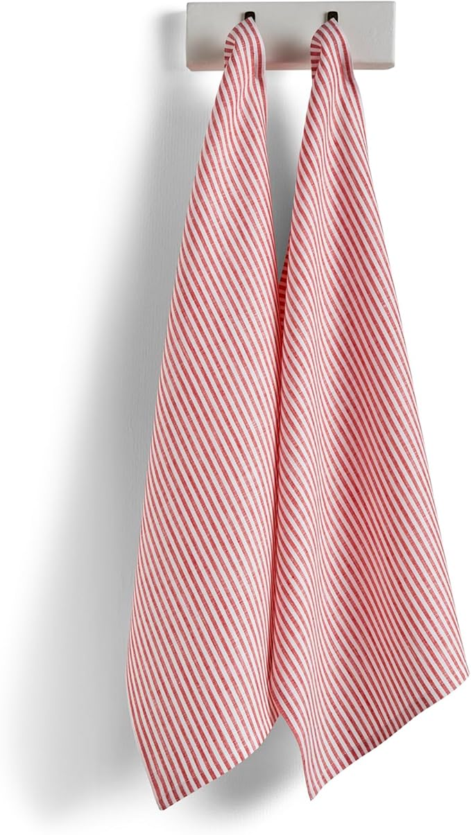 Solino Home Red and White Linen Kitchen Towels Set of 2-100% Pure Linen 17 x 26 Inch Narrow Stripe Tea Towels with Hanging Loop - European Flax Kitchen Dish Cloth - Quick Dry & Machine Washable
