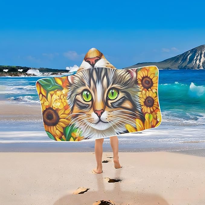 SUABO Kids' Bath Towels Sunflower Cat Hooded Towels for Boys Girls,Toddler Towels Multi-Purpose for Beach,Pool and Bathroom,23.5" x 50", Soft and Highly Absorbent