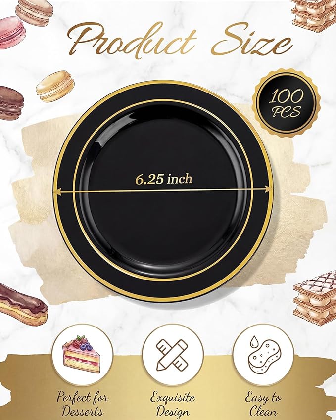 bUCLA 100PCS Black and Gold Plastic Plates - 6.25 inch Black Gold Premium Hard Disposable Dessert/Salad/Appetizer/Small Cake Plates for Party, Graduation & New year