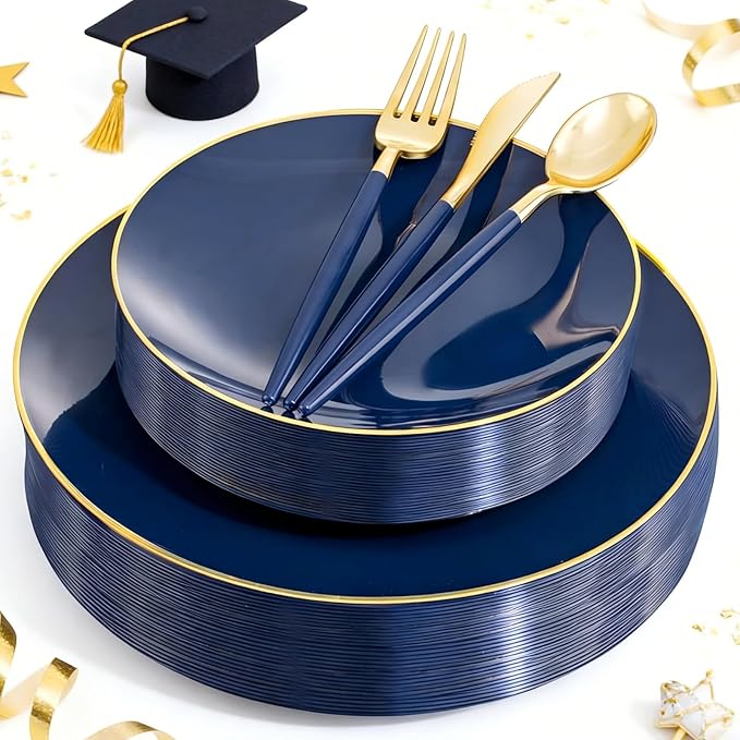 Liacere 150PCS Blue Plastic Plates - Gold Plastic Silverware with Blue Handle - Navy Disposable Plates Include 30 Guests Plates,Forks,Spoons,Knives for Party & Graduation & Memorial Day