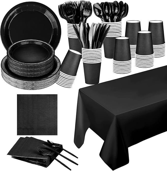 229PCS Black Party Supplies Set Paper Disposable Plates Cups Plastic Spoons Forks Knives Black Napkins for 30 Guests Disposable Party Dinnerware Sets for Wedding Birthday Parties