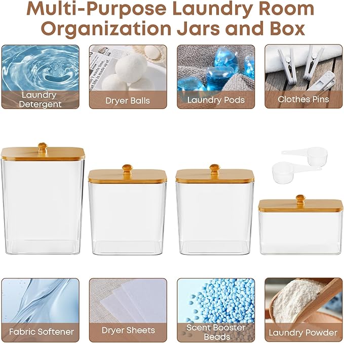 COAZEX 4 Pack Clear Laundry Pods Container & Dryer Sheet Holder, Plastic Square Laundry Room Organization and Storage Jars with Lids, Scoops & Labels for Detergent, Powder, Dryer Balls, Beads
