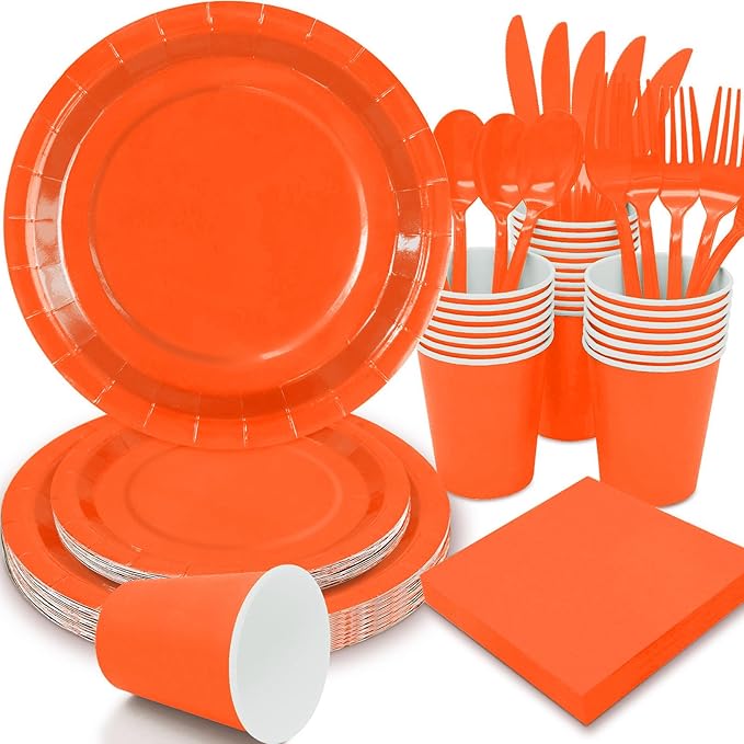 Orange Paper Plates Party Supplies,168pcs Orange Plates and Napkins Party Supplies for Halloween Thanksgiving Fall Orangee Birthday Decorations for Women Serve 24