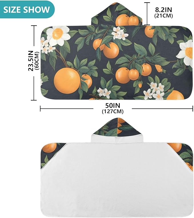 Hooded Towel for Kids Orange Fruit and Flowers Pattern Beach Wrap Bath Towels 50x23.5in