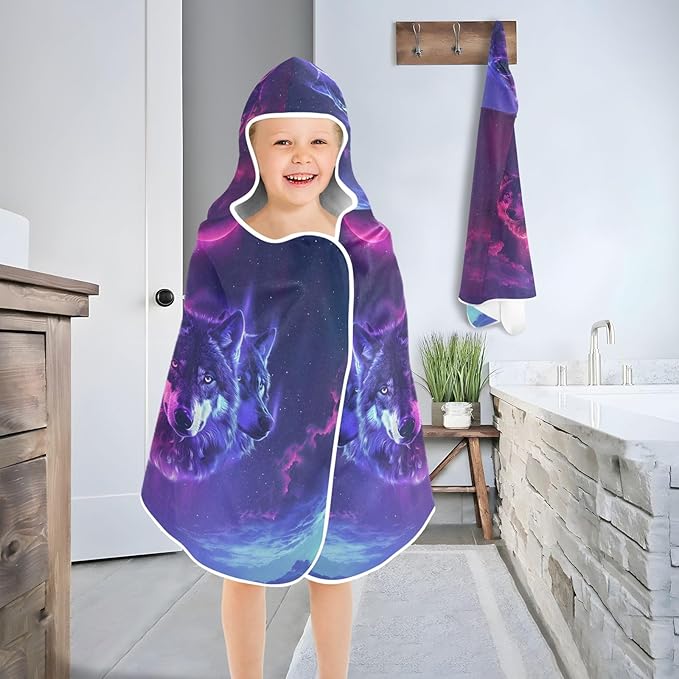 Hooded Towel for Kids Neon Wolves with Sharp Eyes Beach Wrap Bath Towels 50x23.5in