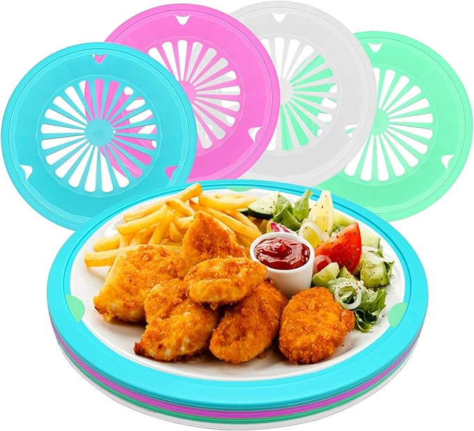 EBIGIC Paper Plate Holders 4 Packs with Snap-in Grooves 10.5 Inch Plastic Paper Plate Holders Reusable 4 Color Heavy Duty Supports for Picnic Party Dinner